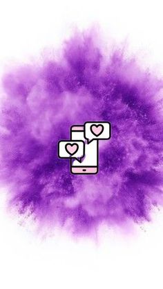 a purple powder explosion with a cell phone in the center and hearts on it's screen