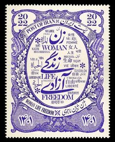 an old postage stamp with the word woman in blue and white on it's front