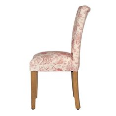 a pink chair with floral upholstered back and wooden legs, against a white background