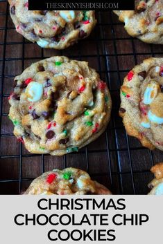 chocolate chip cookies with candy and marshmallows on a cooling rack