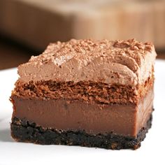 a piece of chocolate cake sitting on top of a white plate