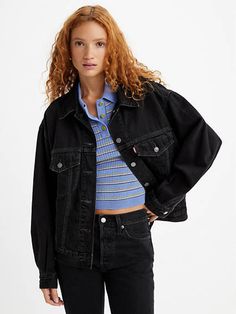 Our '90s Trucker Jacket makes an outfit. You'd be hard-pressed to find a jacket with an easier shape, more versatile weight or inherent sense of cool. Bonus: This throwback cut features a pitched Mens Jeans Guide, Black Corduroy Jacket, Black Levi Jeans, Levi Jean Jacket, Women Trucker, Levis Jacket, Loose Jeans, Tapered Jeans