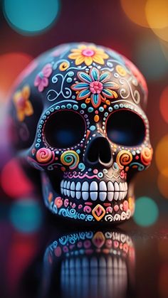 a colorful sugar skull sitting on top of a table