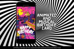 an iphone with the text animated and musical birthday card displayed on it's screen