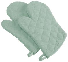 two oven mitts are shown on top of each other, one is light green