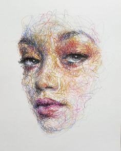 a drawing of a woman's face with colored lines all over the entire image