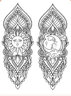 two ornate designs with cats and moon on them