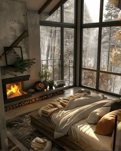 a living room filled with furniture and a fire place next to a window covered in snow