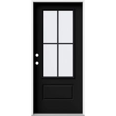 a black door with three panes on the front and side panels, in an open position