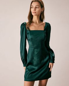 Details: - Green - Daily - Brief - Solid Color - A-Line - Square Neck - Puff Sleeve - Long Sleeves - Mini - Slim Fit - No Stretch - 97% Polyester, 3% Spandex - Machine wash or professional dry Fabric: This Satin Mini Dress is made of Polyester and Spandex. Polyester is an artificial fiber that feels soft, looks lustrous, and dries fast. It's also durable, with good resistance to wrinkles, stains, and sunlight. Spandex is lightweight and comfortable to wear, resistant to sweat, has excellent elas Green Satin Dress, Tailored Clothes, Green Square, Green Dresses, Square Neck Dress, Satin Mini Dress, Perfect Wardrobe, Green Satin, Satin Material