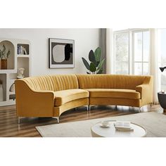 This curved sofa features comfortable velvet upholstery, a vertical backrest, and a recessed arm. This large curved sofa is composed of two small curved sofas through connecting buckles. You can also separate them, which are two small curved sofas. It is also a good choice for two small curved sofas. Fabric: Yellow Velvet, Sofa Design: Curved | Mercer41 Dalaya Velvet Sofa, Sofas, couch, Upholstered Sofa 33.5 H x 141.0 W x 41.7 D in grayVelvet | 19.09" H X 23.82" D | Wayfair Small Curved Sofa, Curved Sofas, Circle Sofa, Curved Couch, Furnitur Ruang Keluarga, Hangout Spot, Curved Sectional, Sofa L, Upholstered Couch