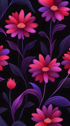 purple and red flowers on a black background