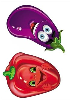 two cartoon hot peppers with eyes and nose, one is purple and the other is red