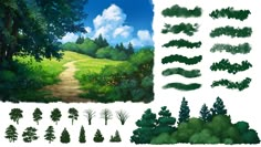 various trees and bushes are shown in this set