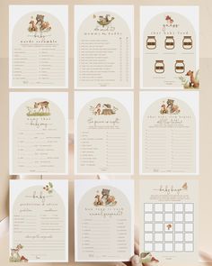 the wedding stationery is laid out on top of each other, with animals and flowers