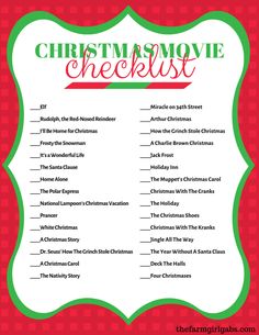 the christmas movie checklist is shown in red and green