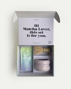 an open box with items in it that say hi macha lover, this set is for you