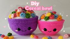 two crocheted bowls with flowers in them and the words diy cereal bowl