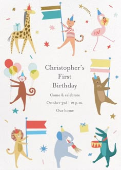 a birthday card for a child's first birthday with cartoon animals and balloons on it