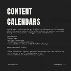 a black and white poster with the words content calendars written in bold font on it