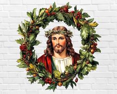 jesus surrounded by holly wreaths and berries on a white brick wall with the image of jesus