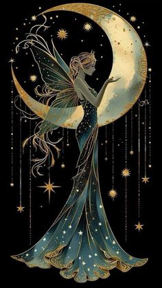 a fairy sitting on the moon with stars