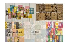 several different types of fabric and paper with words above them that read creative floral, joy blue, the dye