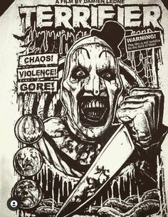 a black and white drawing of a creepy clown holding a pair of scissors in his hand