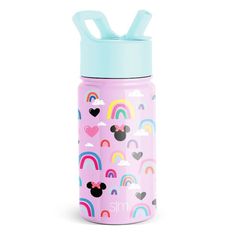 a pink water bottle with mickey mouse and rainbows on it