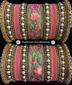 Pink Chudiya Set, Bangles Combination, Bangles For Pink Lehenga, Bridal Chura Pink, Pink Chooda, Bridal Chudiya Set Red, Indian Bridal Jewelry Kundan, Marriage Jewellery, Fabric Bangles