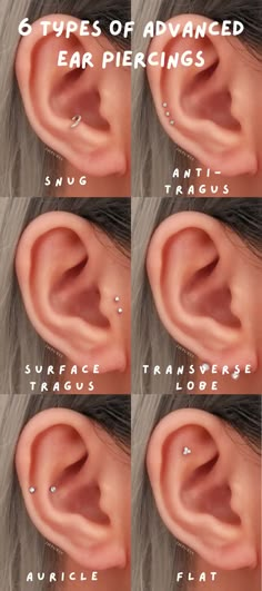 four different types of ear piercings are shown in this image, and there is also an