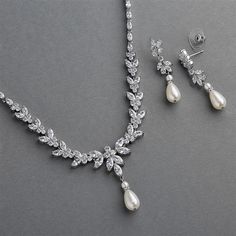 CZ and Pearl Teardrop Silver Plated Wedding Jewelry Set Pearl Wedding Jewelry Sets, Bridal Jewelry Pearl Sets, Pearl Statement Necklace, Wedding Jewelry Set, Jewelry Showcase, Pearl Bridal Jewelry, Headpiece Jewelry, Pearl Necklace Wedding, Pearl Jewelry Wedding