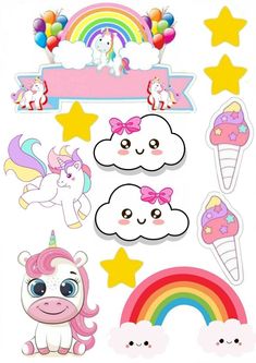 some stickers with unicorns and rainbows on them