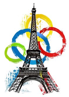 the eiffel tower with olympic rings painted on it's side, in front of a white background