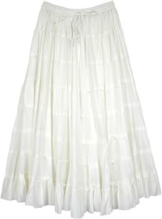 A dreamy white modern classic tiered skirt in pure cotton fabric - for summers, or wherever a long white skirt will do - from weddings to churches.  This is a mid-weight everyday casual skirt that is very comfortable to wear. #tlb #Crinkle #TieredSkirt #MaxiSkirt #vacationclothing #summerlongskirt #cottontieredskirt Flowy Long White Skirt, Low Waisted White Skirt, The Little Bazaar, White Flowy Skirt, Summer Long Skirt, Long White Skirt, White Skirt Outfits, Crinkle Skirt, Flowy Skirts