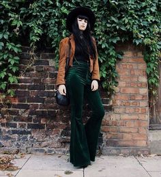 Green Velvet Bell Bottoms, Western Velvet Pants Outfit, Goth Luxury Outfit, Green Velvet Bell Bottoms Outfit, Harness Sweater Outfit, Green And Rust Outfit, Casual Winter Outfits Grunge, Green Tartan Pants Outfit, Moody Winter Outfits