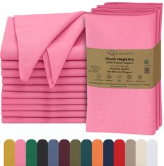 pink napkins are stacked on top of each other with different colors and sizes to choose from