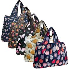 four bags with different designs on them, one is blue and the other is pink