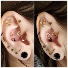 there are two pictures of the same ear with different designs on each side and one has gold stars