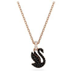 With its captivating intense tones, this refined pendant is inspired by the signature emblem of Swarovski. The design is worn on a rose gold-tone plated chain and features a swan motif, expertly decorated with a pavé of jet black Swarovski ReCreated™ crystals. Wear this alluring piece to add instant sophistication to your style. Swarovski Swan Necklace, Swan Pendant, Swan Necklace, Swarovski Swan, Pink Watch, Swarovski Necklace, Rose Gold Watches, Diamond Shop, Custom Jewelry Design