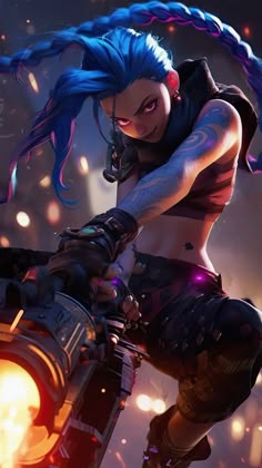 a woman with blue hair and piercings on top of a motorcycle in front of some lights