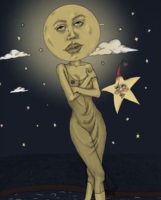 a drawing of a woman standing in front of the moon with her hands on her hips