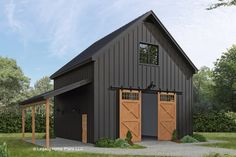 a black barn with two brown doors on the front and one door open to let in light