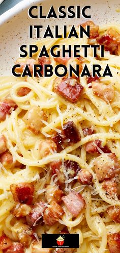 a plate of pasta with bacon and parmesan cheese on top, in front of the words classic italian spaghetti carbonara