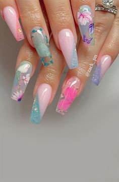 Transparent Nails, Cute Acrylic Nail Designs, Summer Acrylic Nails, Dope Nails, Best Acrylic Nails, Long Acrylic Nails, Nail Kit, Flower Nails