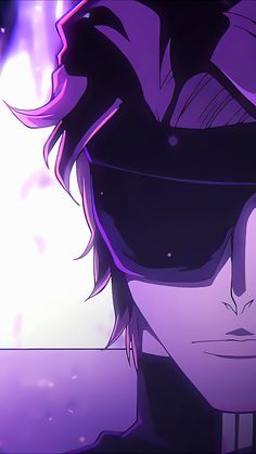 an anime character with purple hair and glasses