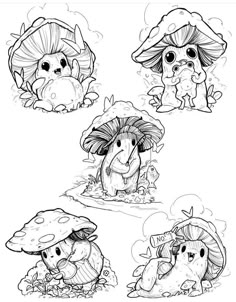 four cartoon mushrooms with different faces and hair, one in the middle is sitting on the ground