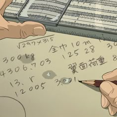 two hands are writing on a piece of paper with numbers and letters written in it