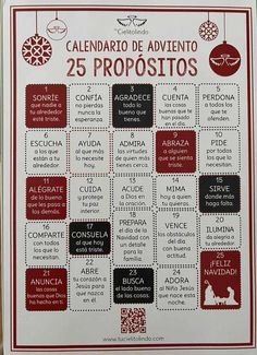 the spanish calendar for christmas is shown in red, white and black with ornaments on it