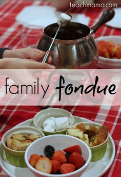 the family fondue is ready to be served with fresh fruit and ice creams